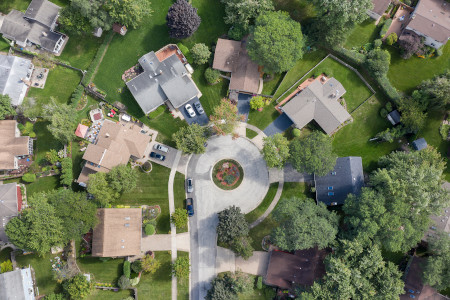 Aerial view of a tree lined ne small